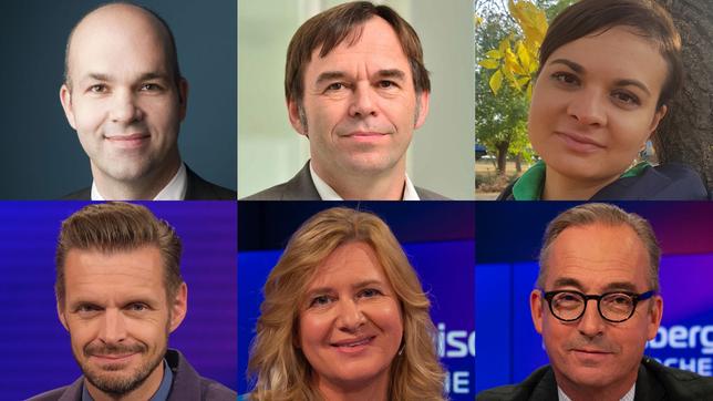 Die Gäste am 4. Oktober 2022: Marcel Fratzscher, Hermann-Josef Tenhagen, Viktoria Bakhur (oben v.l.n.r.); Florian Schroeder, Eva Quadbeck, Jan Fleischhauer (unten v.l.n.r.)