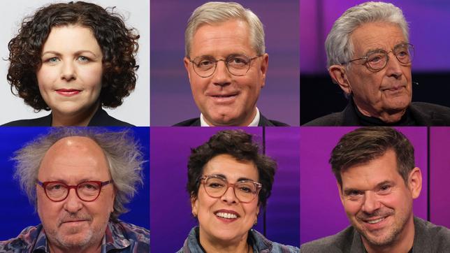 Die Gäste an 5. Oktober 2022: Amira Mohamed Ali, Norbert Röttgen, Gerhart Baum (oben v.l.n.r.); Urban Priol, Miriam Lau, Gregor Peter Schmitz (unten v.l.n.r.)