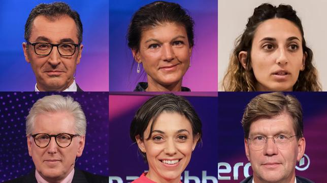 Die Gäste am 7. November 2023: Cem Özdemir, Sahra Wagenknecht, Roni Romann (oben v.l.n.r.); Theo Koll, Katharina Hamberger, Christoph Schwennicke (unten v.l.n.r.)
