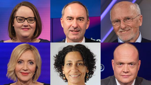 Die Gäste am 8. November 2023: Ricarda Lang, Hubert Aiwanger, Dirk Roßmann (oben v.l.n.r.); Petra Gerster, Sonja Zekri, Robin Alexander (unten v.l.n.r.)
