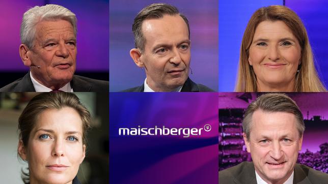 Die Gäste am 09. Mai 2023: Joachim Gauck, Volker Wissing, Tina Hassel (oben v.l.n.r.); Valerie Niehaus, Nikolaus Blome (unten v.l.n.r.) 