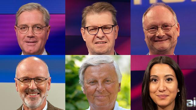 Die Gäste am 11. Juli 2023: Norbert Röttgen, Ralf Stegner, Sven Plöger (oben v.l.n.r.); Peter Wohlleben, Wolfgang Bosbach, Alev Doğan (unten v.l.n.r.) 