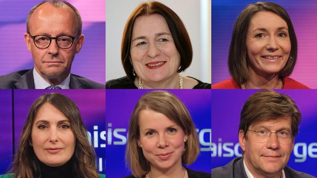 Friedrich Merz, Irina Scherbakowa, Claudia Major (oben v.l.n.r.); Anja Kohl, Helene Bubrowski, Christoph Schwennicke (unten v.l.n.r.)