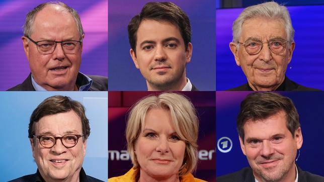 Die Gäste am 12. Juli 2023: Peer Steinbrück, Alexander Rodnyansky, Gerhart Baum (oben v.l.n.r.); Béla Réthy, Susanne Gaschke, Gregor Peter Schmitz (unten v.l.n.r.)