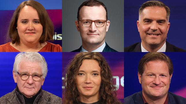 Die Gäste am 14. März 2023: Ricarda Lang, Jens Spahn, Frederik Pleitgen (oben v.l.n.r.); Marcel Reif, Anna Mayr, Michael Bröcker (unten v.l.n.r.)
