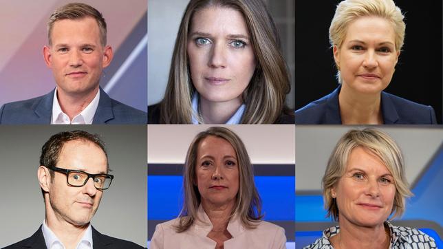 Die Gäste: Hendrik Streeck, Mary L. Trump, Manuela Schwesig (oben v.l.n.r.); Vince Ebert, Cerstin Gammelin, Susanne Gaschke (unten v.l.n.r.)