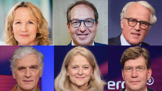 Die Gäste am 19. März 2024: Steffi Lemke, Alexander Dobrindt, Rüdiger von Fritsch (oben v.l.n.r.); Walter Sittler, Kristina Dunz, Christoph Schwennicke (unten v.l.n.r.)