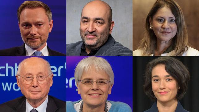 Gäste am 19. Oktober 2022: Christian Lindner, Omid Nouripour, Nargess Eskandari-Grünberg (oben v.l.n.r); Stefan Aust, Ulrike Herrmann, Jessica Berlin (unten v.l.n.r.)