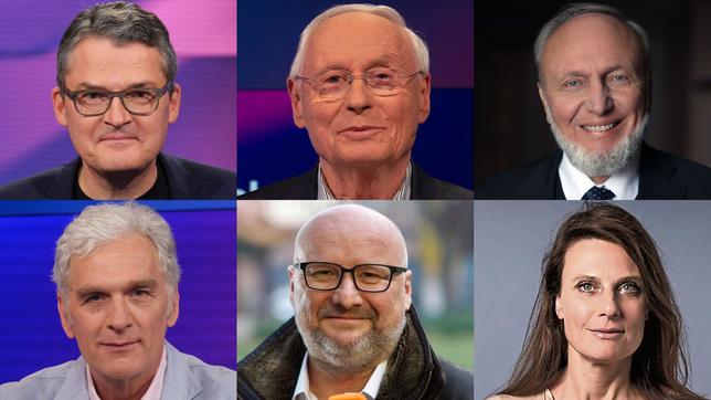 Die Gäste am 21. März 2023: Roderich Kiesewetter, Oskar Lafontaine, Hans-Werner Sinn (oben v.l.n.r.); Walter Sittler, Ulf Röller, Claudia Kade (unten v.l.n.r.)