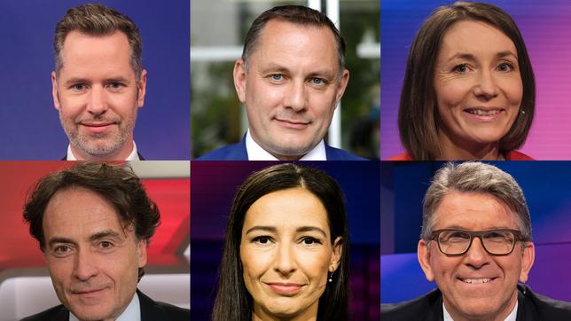 Die Gäste am 21. Juni 2023: Christian Dürr, Tino Chrupalla, Claudia Major (oben v.l.n.r.); Giovanni di Lorenzo, Pinar Atalay, Wolfram Weimer (unten v.l.n.r.)