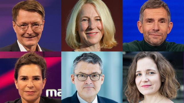Die Gäste am 21. September 2022: Karl Lauterbach, Katrin Eigendorf, Micky Beisenherz (oben v.l.n.r.); Dagmar Rosenfeld, Roderich Kiesewetter, Henrike Roßbach (unten v.l.n.r.)