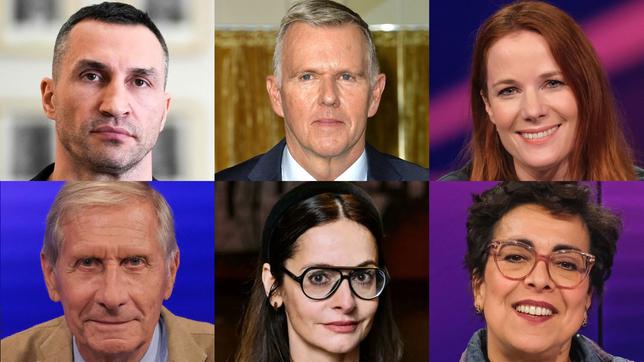 Die Gäste am 22.02.2023: Wladimir Klitschko, Erich Vad, Florence Gaub (oben v.l.n.r.); Ulrich Wickert, Iris Sayram, Mariam Lau (unten v.l.n.r.)