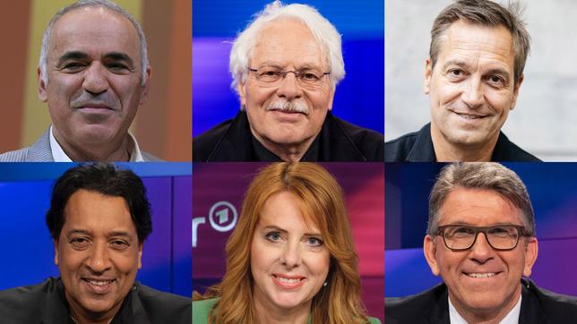 Die Gäste am 23.03.2023: Garri Kasparow, Thomas Roth, Dieter Nuhr (oben v.l.n.r.); Cherno Jobatey, Kerstin Palzer, Wolfram Weimer (unten v.l.n.r.)