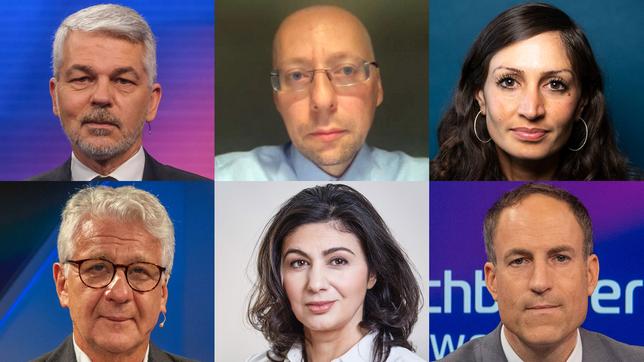 Carlo Masala, Boris Bondarew, Gilda Sahebi (oben v.l.n.r.); Marcel Reif, Hatice Akyün, Florian Harms (unten v.l.n.r.)