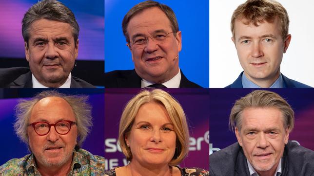 Die Gäste am 25. April 2023: Sigmar Gabriel, Armin Laschet, Demian von Osten (oben v.l.n.r.); Urban Priol, Susanne Gaschke, Hajo Schumacher (unten v.l.n.r.)