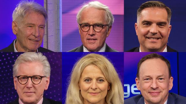 Die Gäste am 27. Juni 2023: Harrison Ford, Rüdiger von Fritsch, Frederik Pleitgen (oben v.l.n.r.); Theo Koll, Kristina Dunz, Stephan Stuchlik (unten v.l.n.r.) 