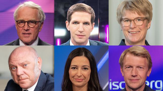 Gäste am 27. September 2022: Rüdiger von Fritsch, Tichon Dsjadko, Veronika Grimm (oben v.l.n.r.); Ulrich Schneider, Pinar Atalay, Markus Preiß (unten v.l.n.r.)