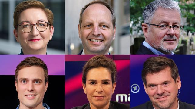 Die Gäste am 27. September 2023: Klara Geywitz, Thomas Heilmann, Christopher Clark (oben v.l.n.r.); Constantin Schreiber, Dagmar Rosenfeld, Gregor Peter Schmitz (unten v.l.n.r.) 