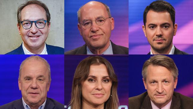 Die Gäste am 28. März 2023: Alexander Dobrindt, Gregor Gysi, Alexander Rodnyansky (oben v.l.n.r.); Hubertus Meyer-Burckhardt, Jagoda Marinić, Nikolaus Blome (unten v.l.n.r.)
