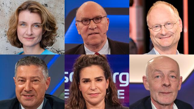 Die Gäste am 28. Juni 2022: Daniela Schwarzer, Christian Hacke, Sven Plöger (oben v.l.n.r.); Joachim Llambi, Dagmar Rosenfeld und Friedrich Küppersbusch (unten v.l.n.r.)