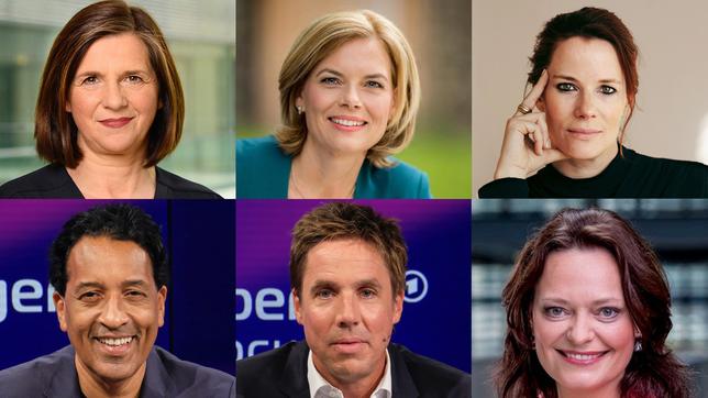 Gäste am 28. September 2022: Katrin Göring-Eckardt, Julia Klöckner, Florence Gaub (oben v.l.n.r.);  Cherno Jobatey, Markus Feldenkirchen, Kristin Schwietzer  (unten v.l.n.r.)