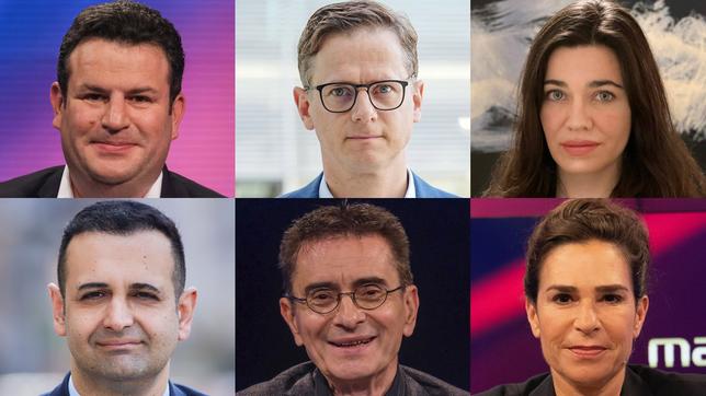 Die Gäste am 29. März 2023: Hubertus Heil, Carsten Linnemann, Gazelle Sharmahd (oben v.l.n.r.); Bijan Djir-Sarai, Mathias Richling, Dagmar Rosenfeld (unten v.l.n.r.)