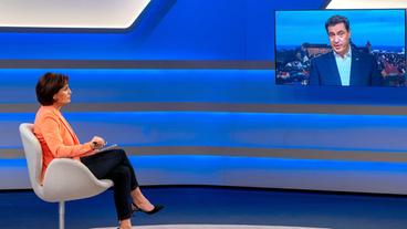 Bild: WDR/Max Kohr Moderatorin Sandra Maischberger im Gespräch mit Markus Söder, Ministerpräsident Bayern, zugeschaltet aus Nürnberg.