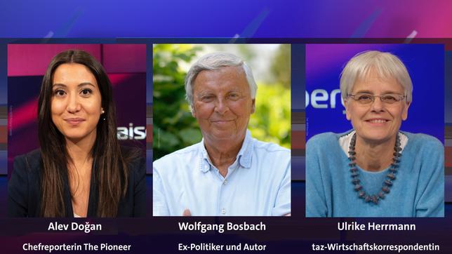 Bild: WDR/Melanie Grande; Henning Kaiser/dpa; WDR/Oliver Ziebe Alev Doğan, Wolfgang Bosbach und Ulrike Herrmann (v.l.n.r.)