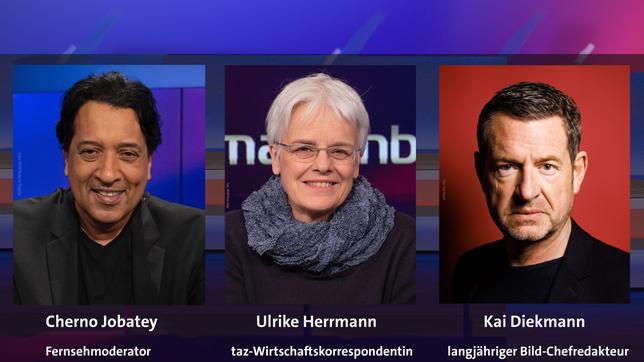 Bild: WDR/Melanie Grande; WDR/Oliver Ziebe; Peter Rigaud Cherno Jobatey, Ulrike Herrmann und Kai Diekmann (v.l.n.r.)