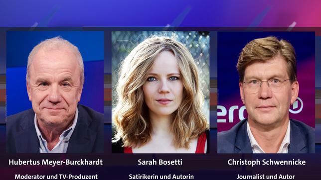 Bild: WDR/Ben Knabe; Pressefoto sarahbosetti.com; WDR/Oliver Ziebe Hubertus Meyer-Burckhardt, Sarah Bosetti und Christoph Schwennicke (v.l.n.r.)