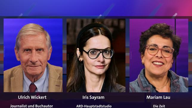 Bild: WDR/Oliver Ziebe; Grey Hutton; WDR/Oliver Ziebe; Ulrich Wickert, Iris Sayram und Mariam Lau (v.l.n.r.)