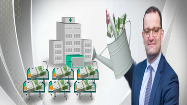 Bild: SWR Grafik: Jens Spahn verteilt Geld mit Gieskanne für Intensivbetten