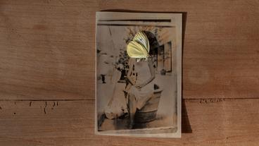 Ein schwarz-weiß Foto einer Frau. Auf ihrem Kopf liegt ein toter Schmetterling.