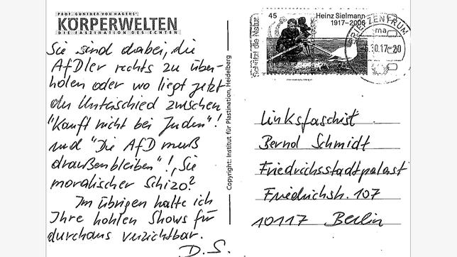 Postkarte an den Intendanten des Revuetheaters Friedrichpalast.