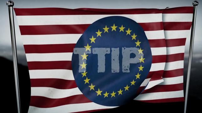 Bild: NDR Flagge mit rot-weißen Querstreifen und dunkelblauem EU-Kreis. In der Mitte steht TTIP.