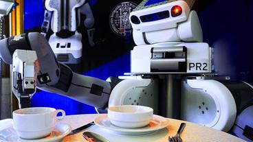 Bild: dpa picture alliance/Sigrid Gomber Ein Haushaltsroboter deckt den Tisch. Mit einem Auge erkennt er Muster.