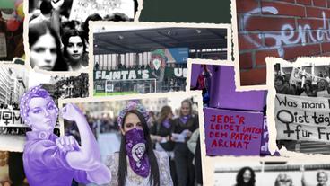 Eine Collage aus alten Schwarz-Weiß-Fotos und Farbfotos von Frauenrechtsdemonstrationen, davor in Violett eingefärbt die Figur "Rosie the Riveter".