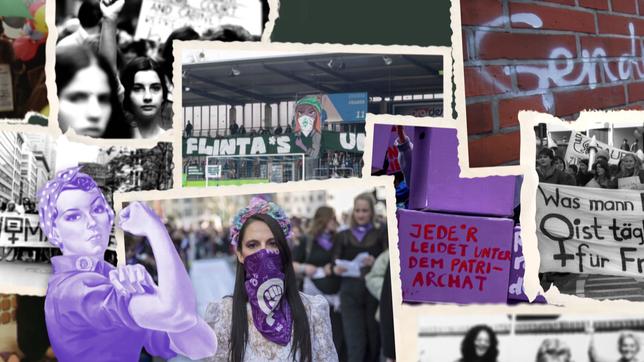 Eine Collage aus alten Schwarz-Weiß-Fotos und Farbfotos von Frauenrechtsdemonstrationen, davor in Violett eingefärbt die Figur "Rosie the Riveter".