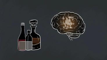 Grafik mit aktiviertem Gehirn-Areal, im Vordergrund stehen Alkoholflaschen 