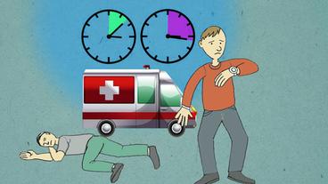Grafik mit Mann, der auf Krankenwagen wartet, im Hintergrund zwei verschiedene Zeiten auf zwei Uhren