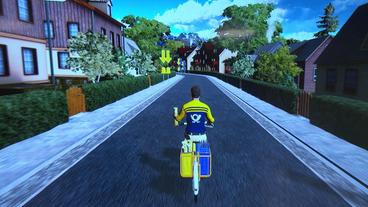 Die Szenerie eines Computerspiels. In der Mitte einer Straße fährt ein Postbote auf einem Fahrrad und verteilt Post.