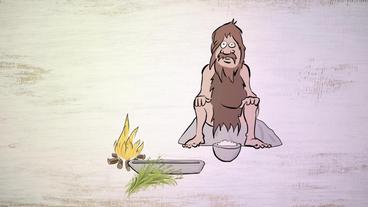 Ein Steinzeitmensch sitzt neben einem Feuer und braut Bier (Comic)