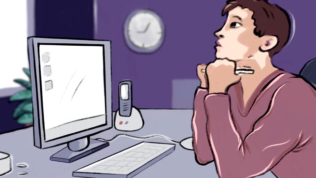 Bild: hr Eine Person sitzt an einem Computer und schaut gelangweilt aus dem Fenster.