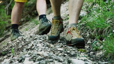 Zwei Paar Wanderschuhe auf Waldboden