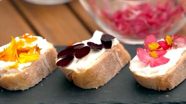 Blüten auf mit Frischkäse bestrichenen Brotscheiben