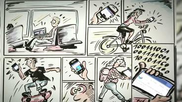 Bild: SWR Comic-Seite, verschiedene Bilder von Figuren schauen sich Online-Medien an.
