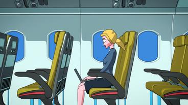 Grafik: Frau sitzt im Flugzeug am Laptop.