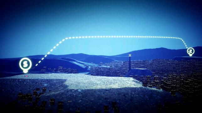 In einer Computeranimation ist eine Flugroute einer Drohne über besiedeltes Gebiet als Lichtpfad sichtbar. Im Hintergrund steht ein Funkturm, von dem die Flugüberwachung stattfindet.