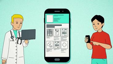 Bild: WDR Animation: Handy mit App, Patientin mit Handy, Arzt mit Laptop