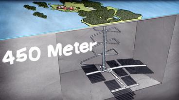 Bild: BR Grafik mit weit verzweigtem Tunnelsystem unter einer bewaldeten Insel, Schrifteinblendung: 450 Meter